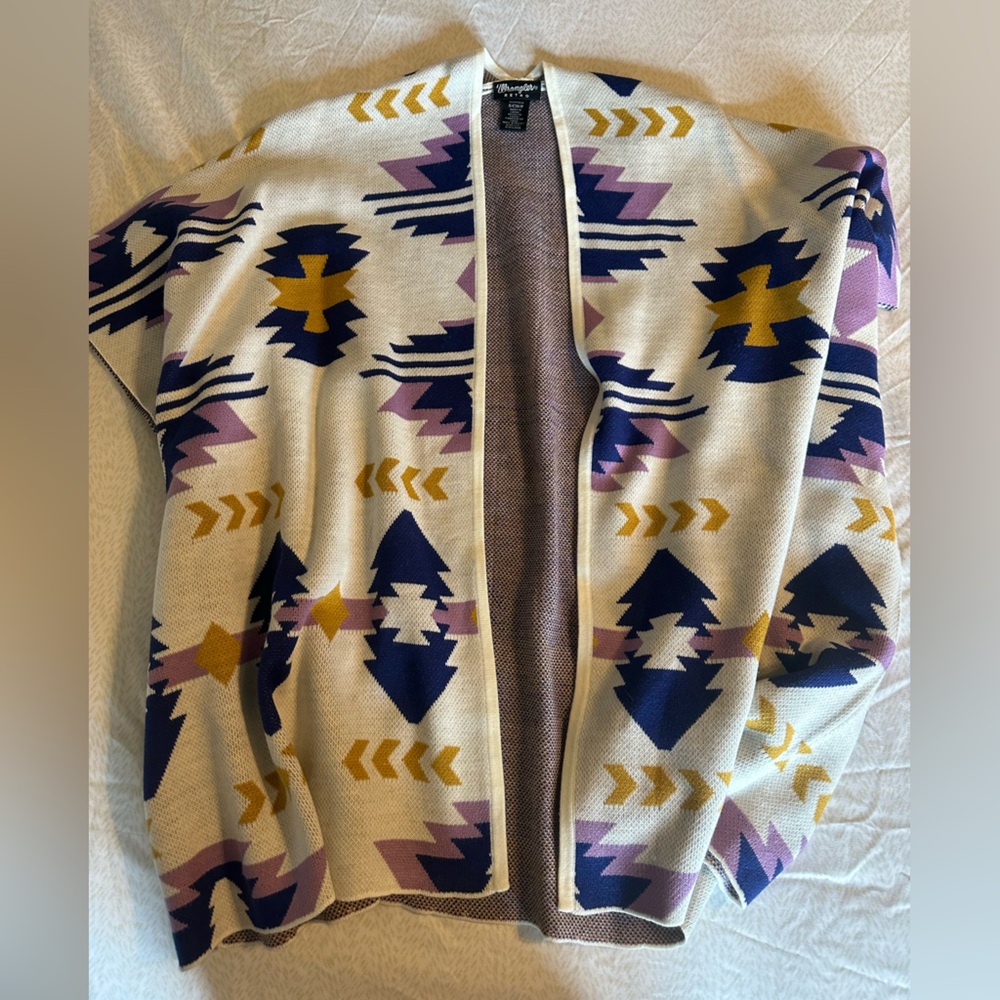 Lightweight Aztec Open Cardigan - Ivory with Navy, Lavender & Mustard